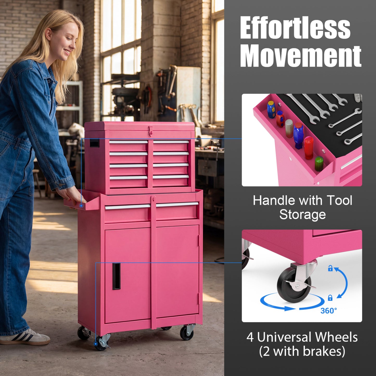 2-in-1 Rolling Tool Chest, 5 Sliding Lockable Drawers, Pink Garages at Gallery Canada