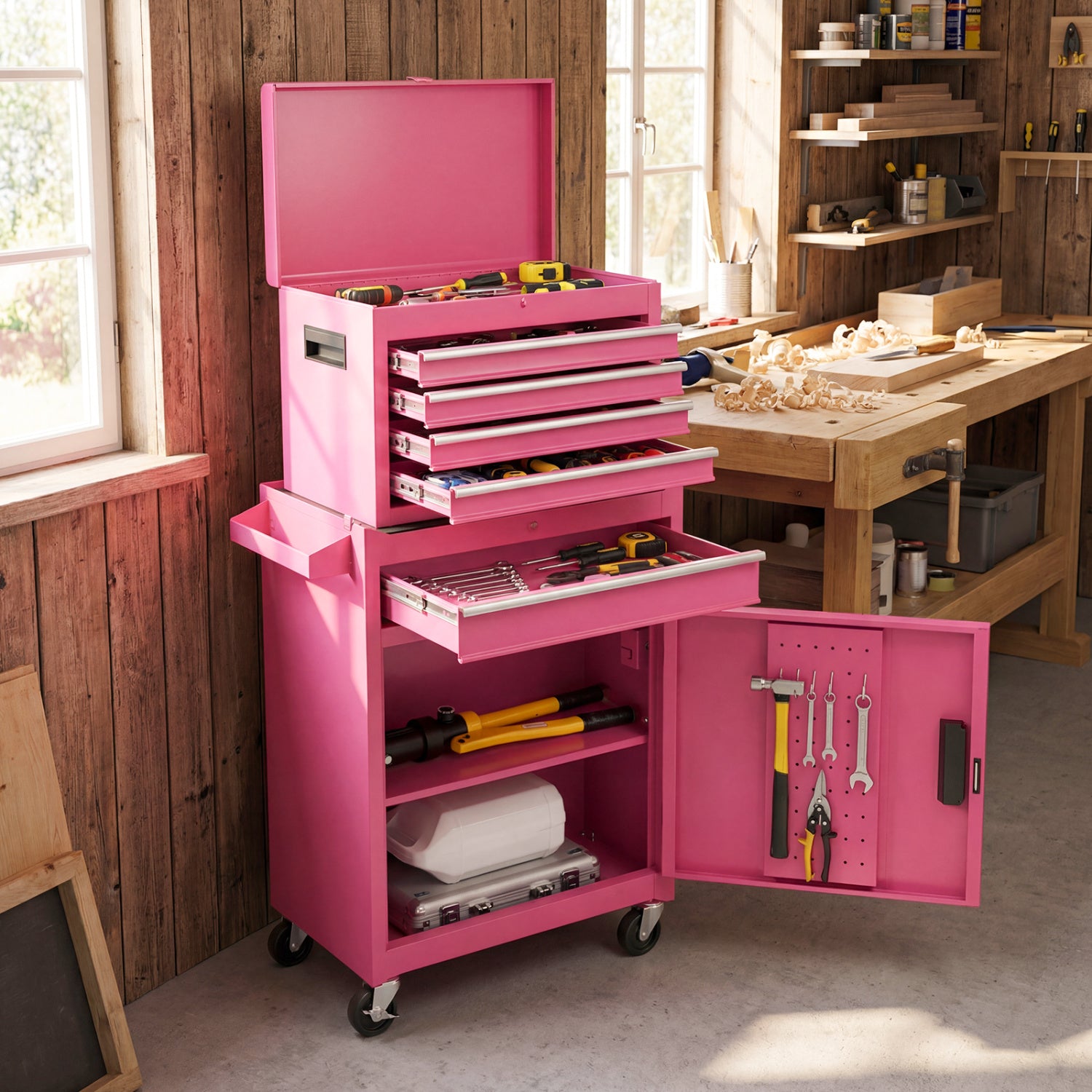 2-in-1 Rolling Tool Chest, 5 Sliding Lockable Drawers, Pink Garages at Gallery Canada