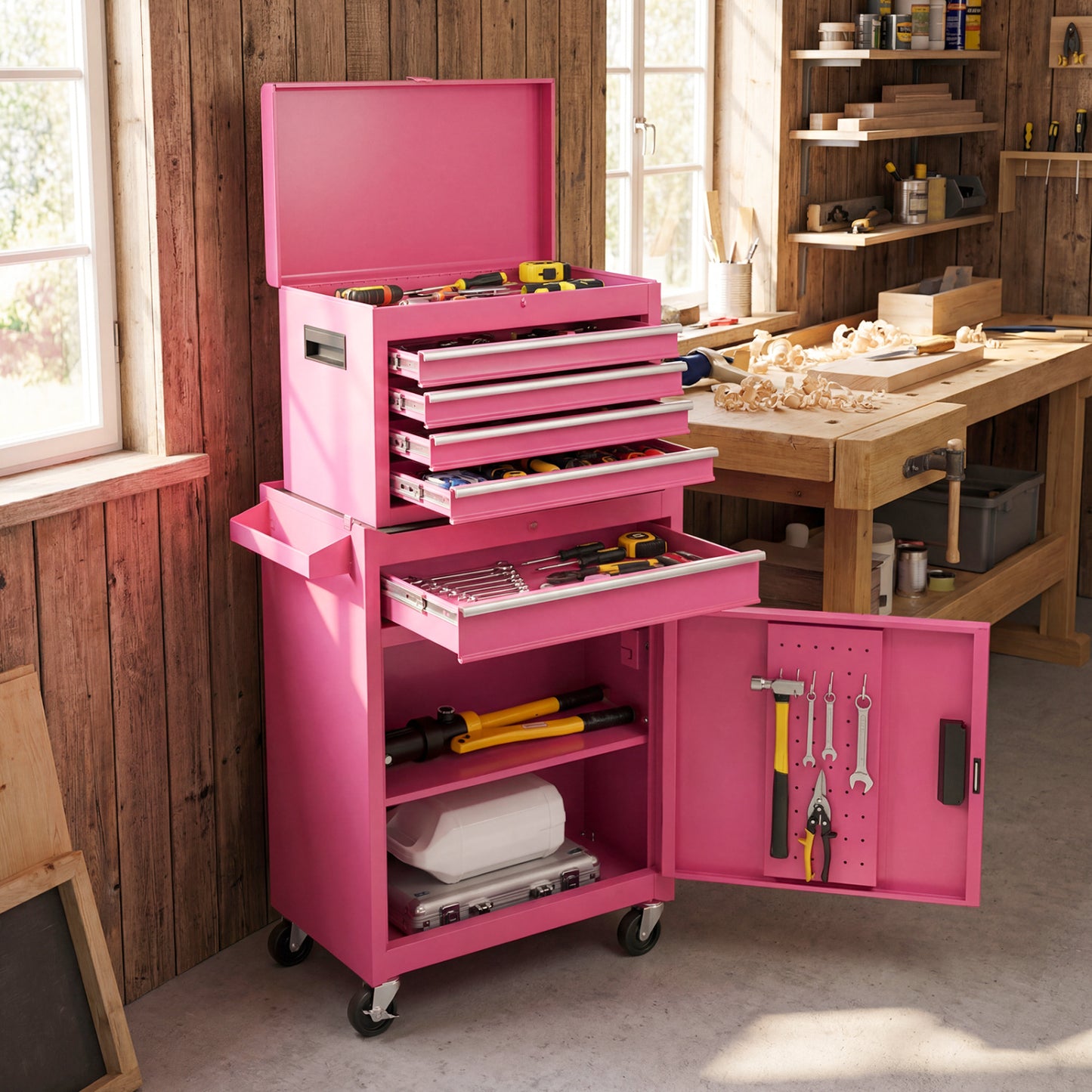 2-in-1 Rolling Tool Chest, 5 Sliding Lockable Drawers, Pink Garages at Gallery Canada