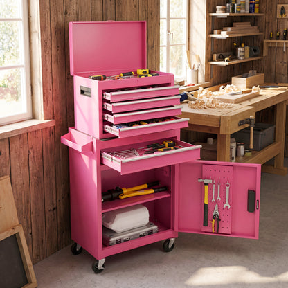 2-in-1 Rolling Tool Chest, 5 Sliding Lockable Drawers, Pink Garages at Gallery Canada