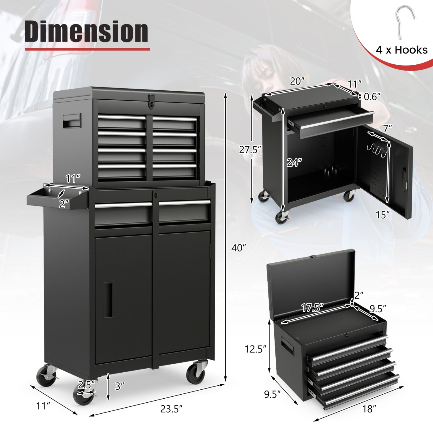2-in-1 Tool Chest Cabinet, 5 Sliding Drawers, Black Garages at Gallery Canada
