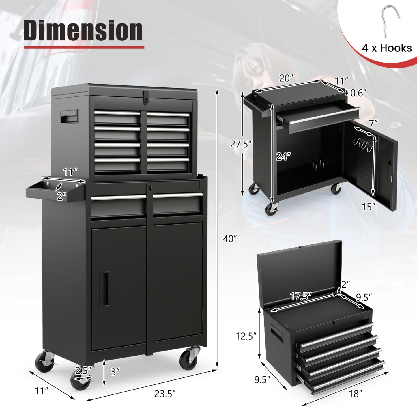 2-in-1 Tool Chest Cabinet, 5 Sliding Drawers, Black Garages at Gallery Canada