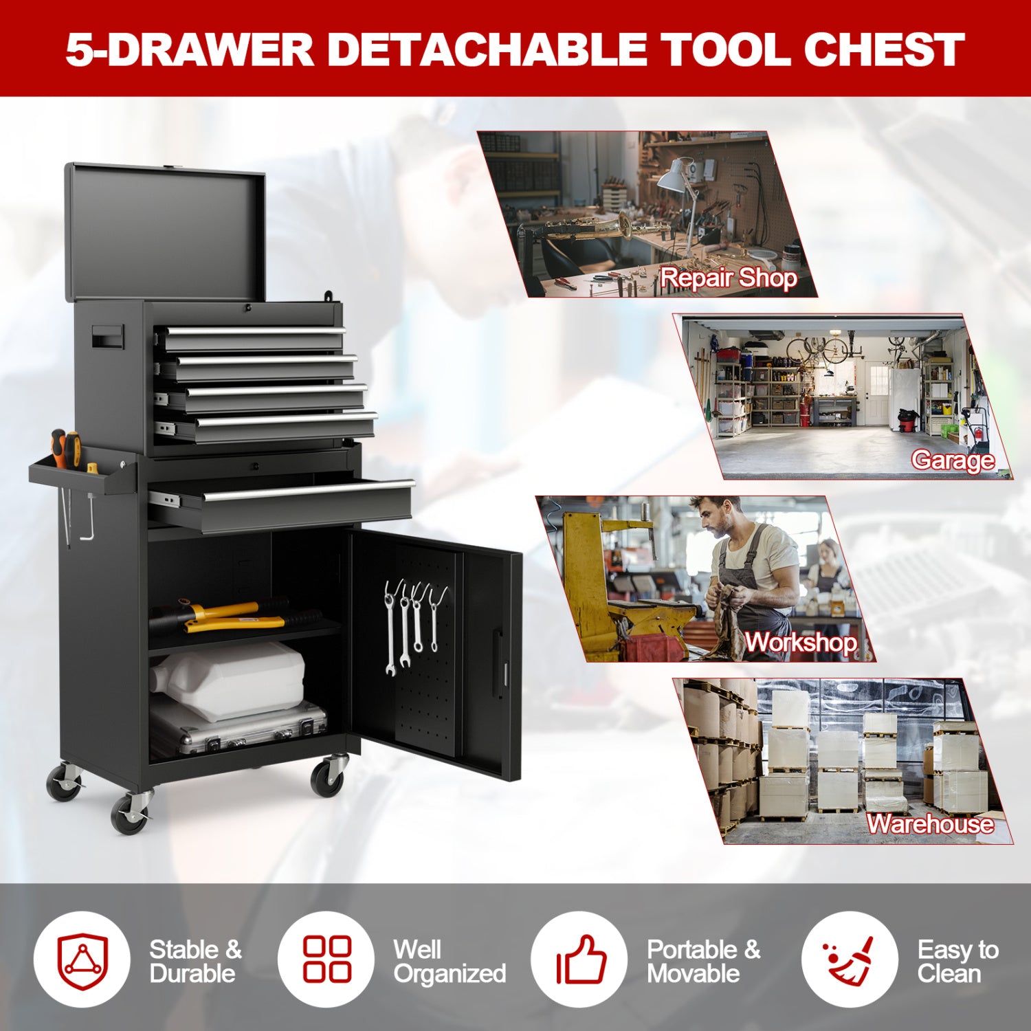 2-in-1 Tool Chest Cabinet, 5 Sliding Drawers, Black Garages at Gallery Canada
