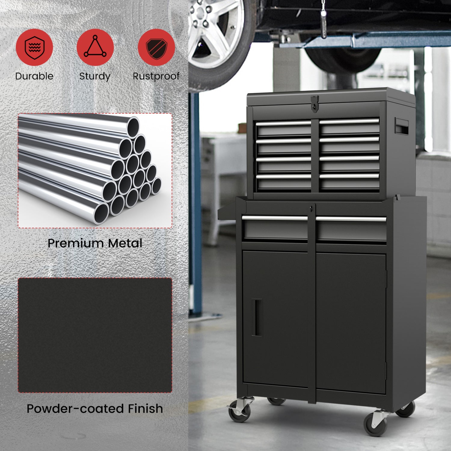 2-in-1 Tool Chest Cabinet, 5 Sliding Drawers, Black Garages at Gallery Canada