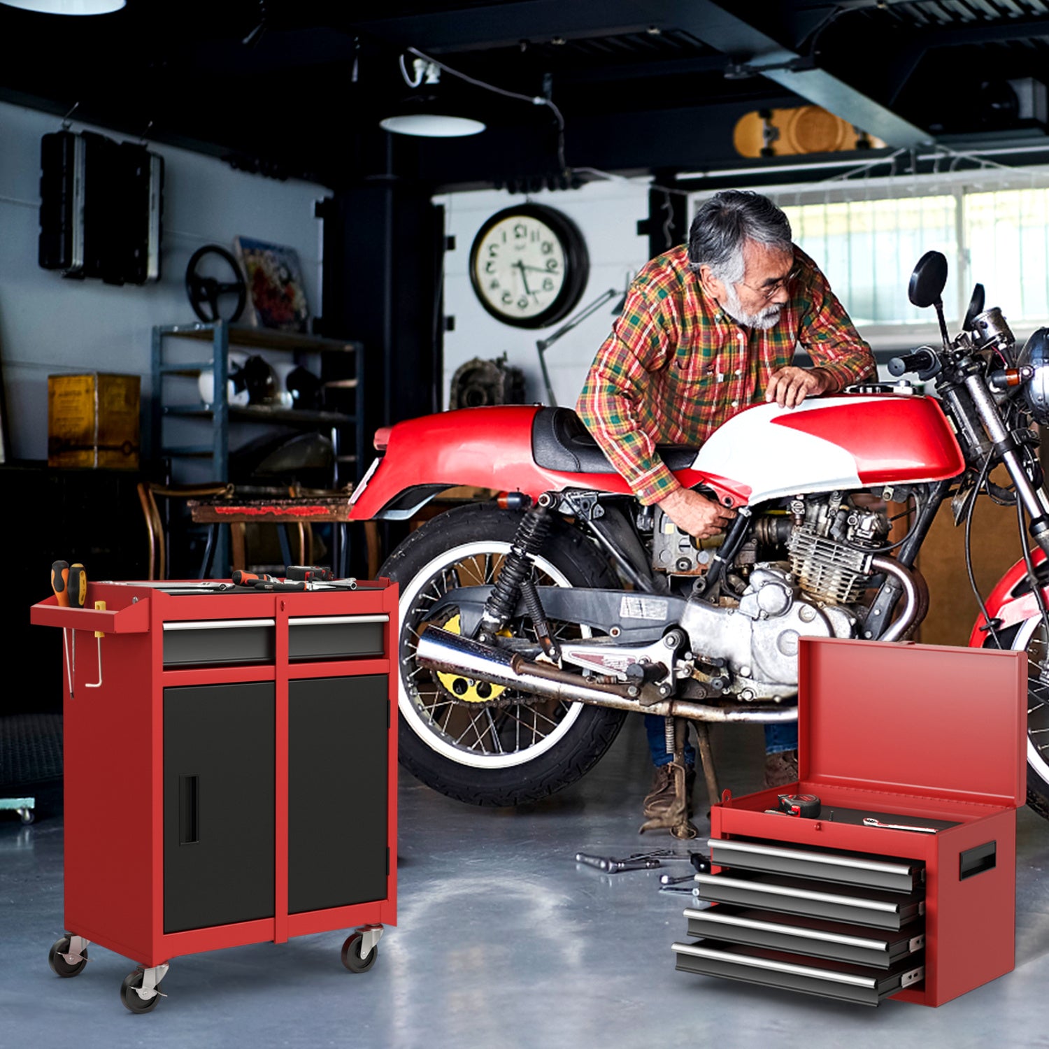 2-in-1 Tool Chest Cabinet, 5 Sliding Drawers, Red, Black Garages at Gallery Canada