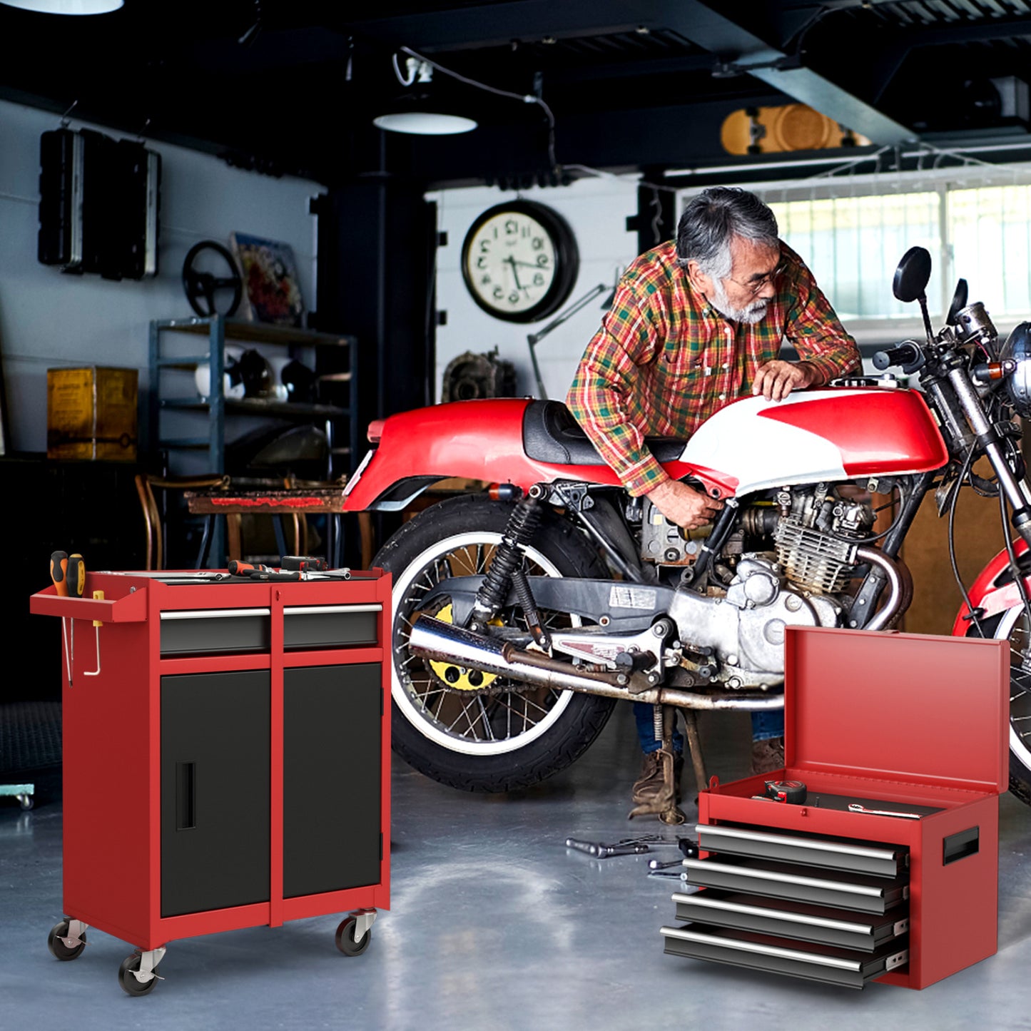 2-in-1 Tool Chest Cabinet, 5 Sliding Drawers, Red, Black Garages at Gallery Canada