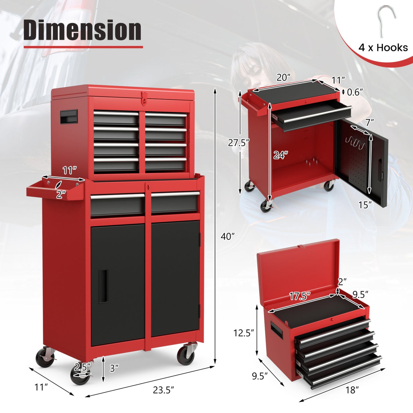 2-in-1 Tool Chest Cabinet, 5 Sliding Drawers, Red, Black Garages at Gallery Canada
