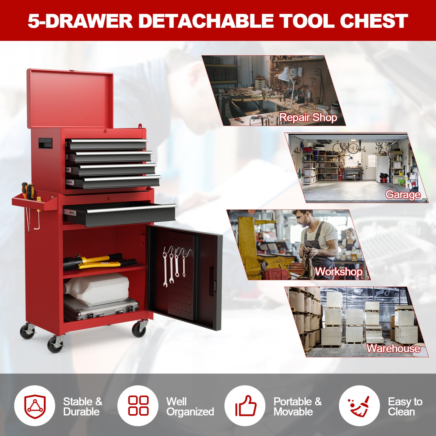 2-in-1 Tool Chest Cabinet, 5 Sliding Drawers, Red, Black Garages at Gallery Canada