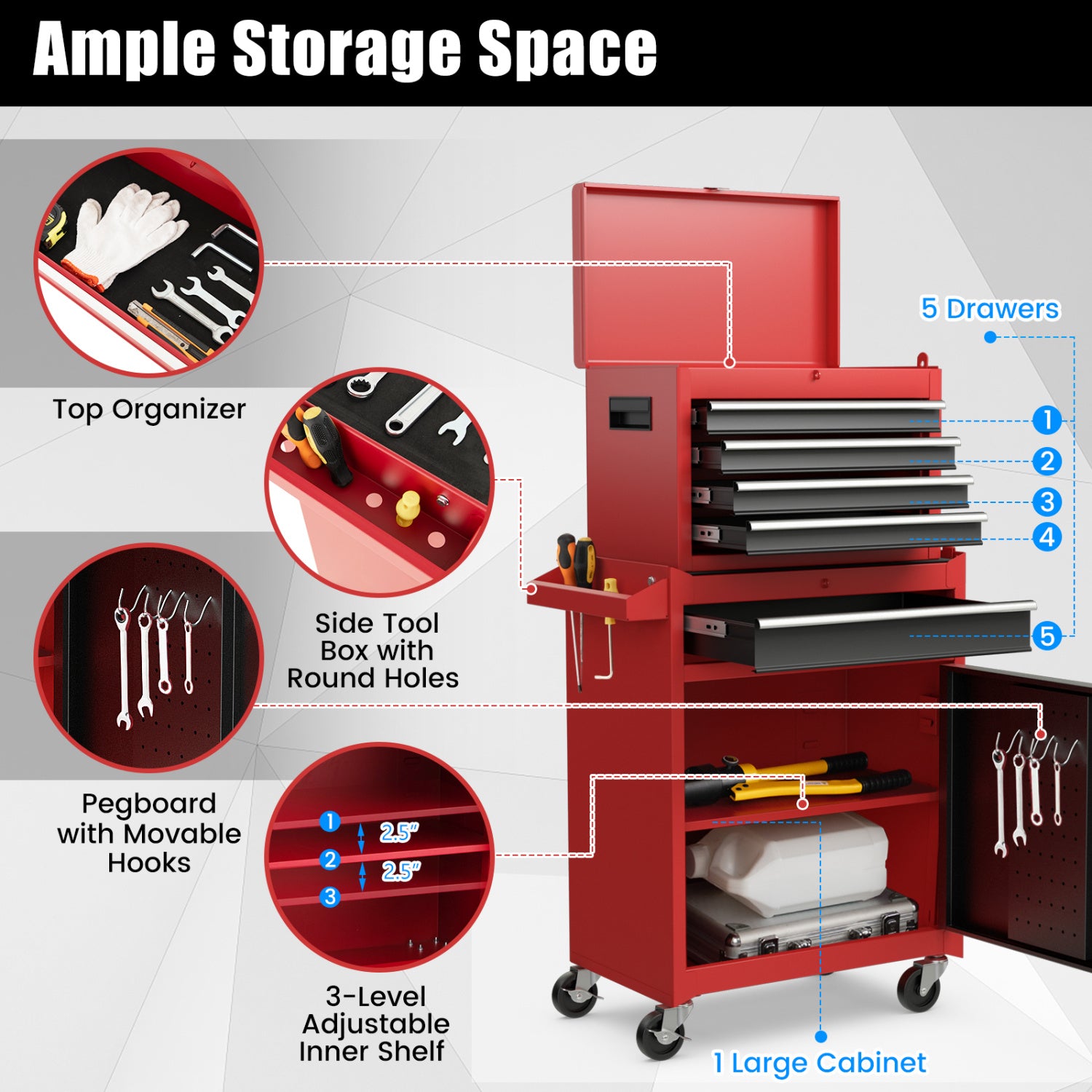 2-in-1 Tool Chest Cabinet, 5 Sliding Drawers, Red, Black Garages at Gallery Canada