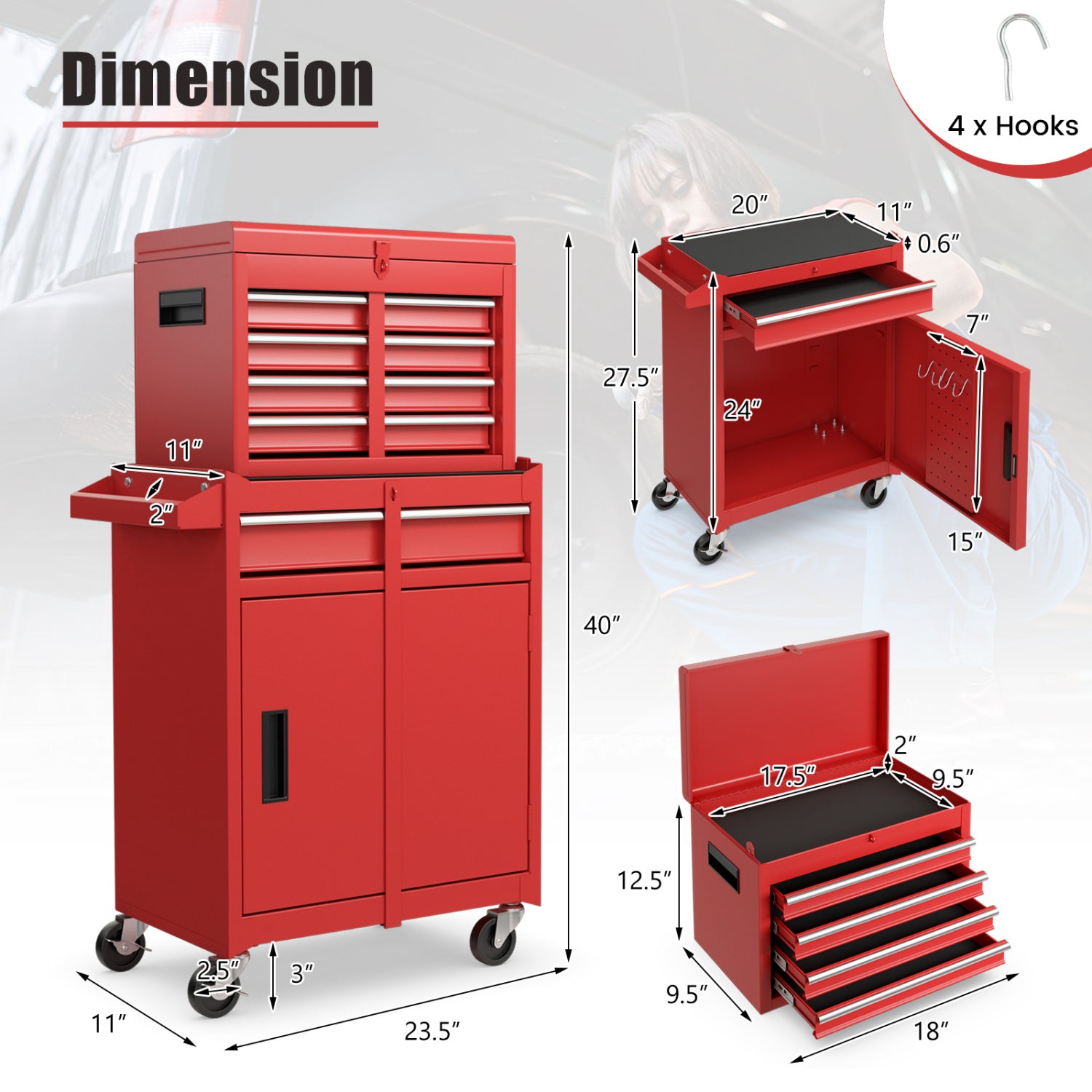 2-in-1 Tool Chest Cabinet, 5 Sliding Drawers, Red Garages at Gallery Canada