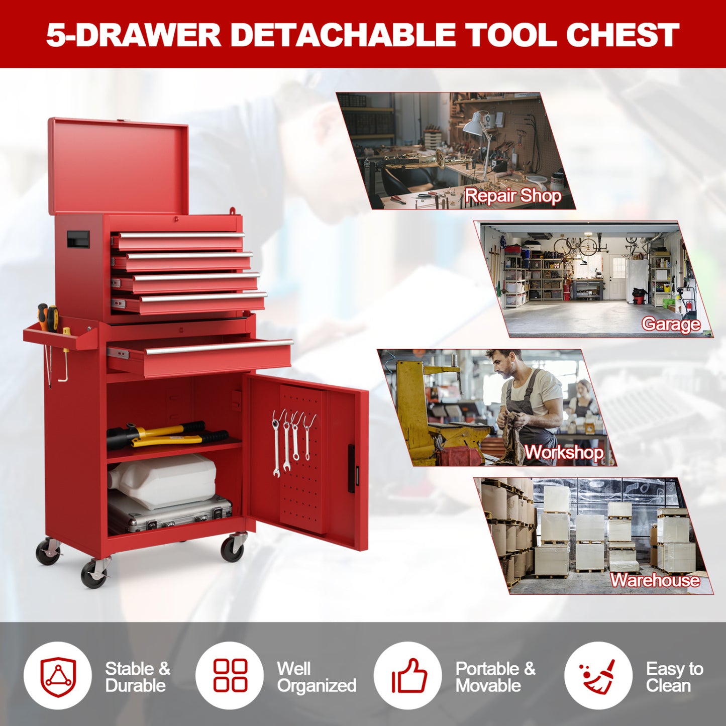 2-in-1 Tool Chest Cabinet, 5 Sliding Drawers, Red Garages at Gallery Canada