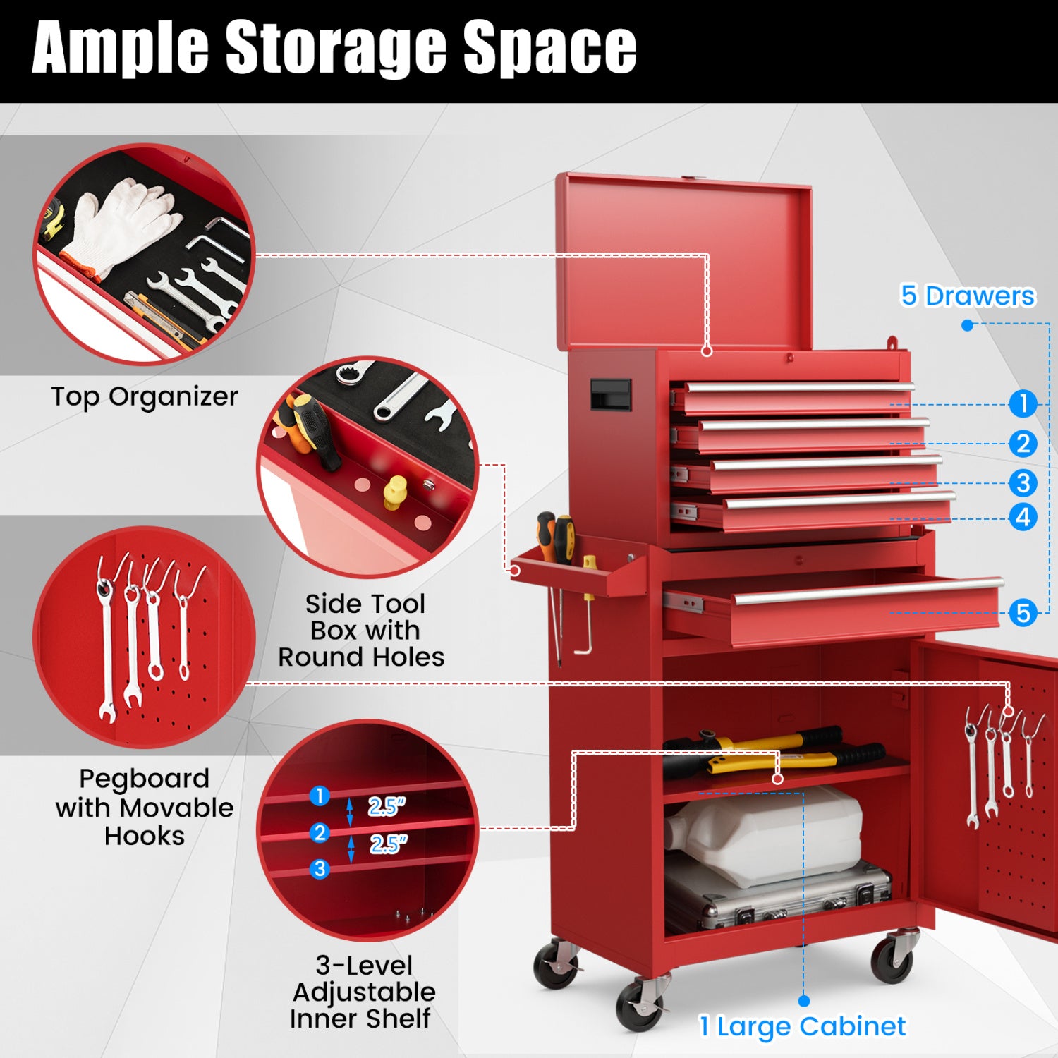 2-in-1 Tool Chest Cabinet, 5 Sliding Drawers, Red Garages at Gallery Canada