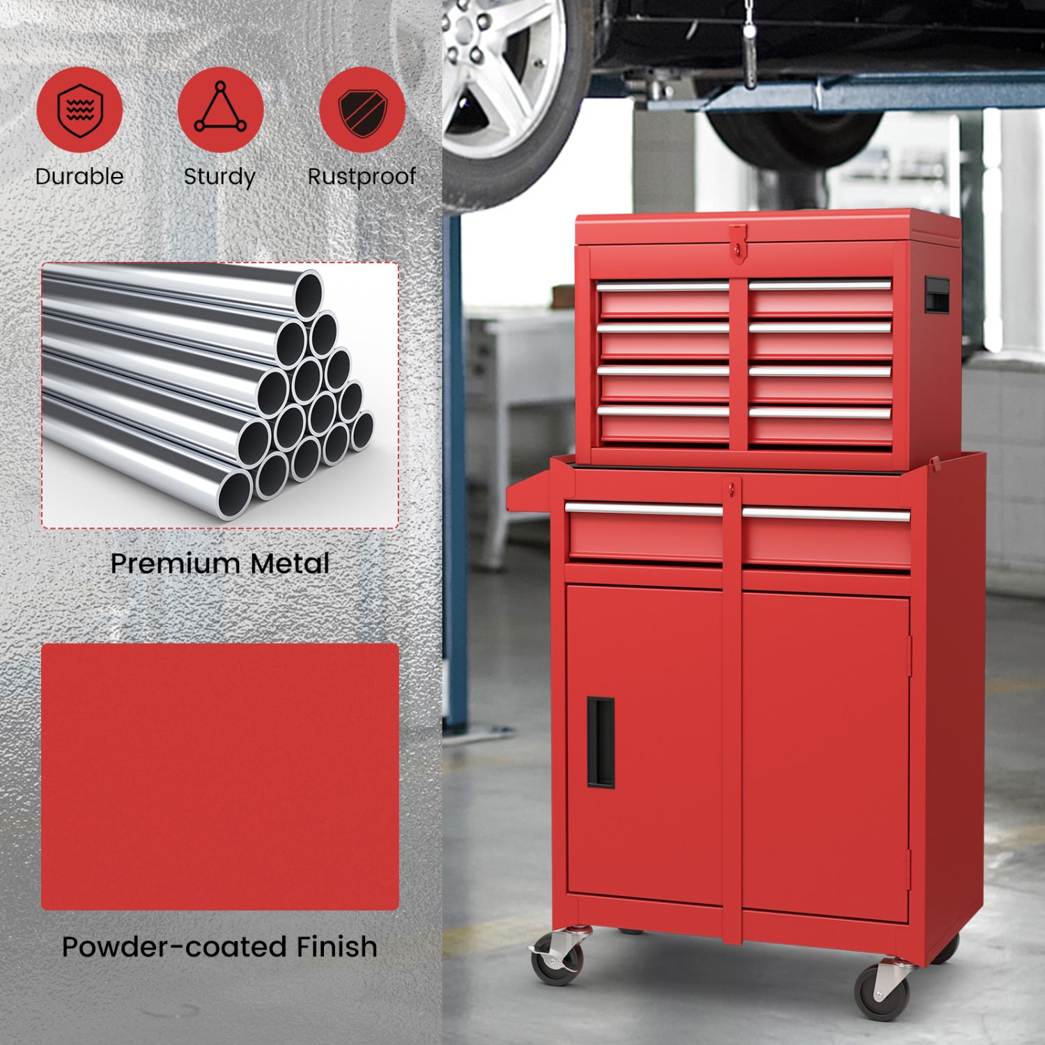 2-in-1 Tool Chest Cabinet, 5 Sliding Drawers, Red Garages at Gallery Canada
