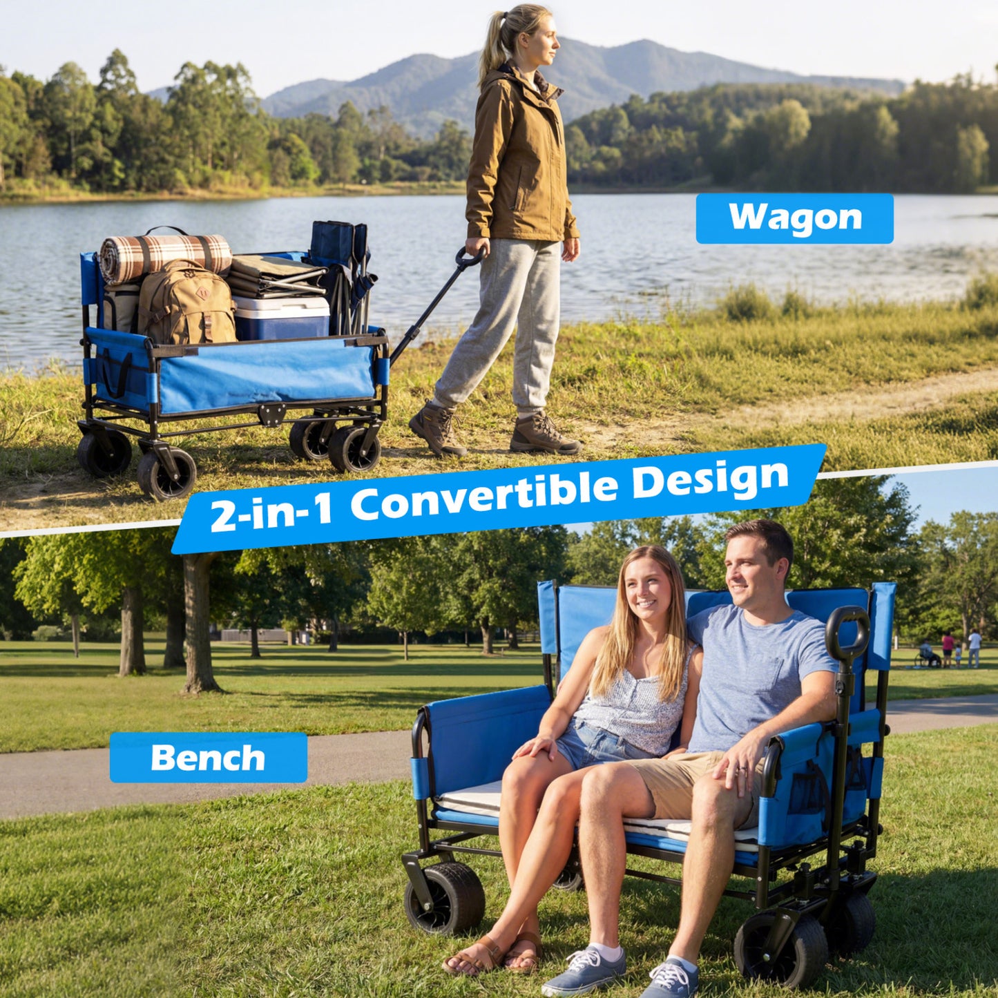 2-in-1 Wagon Bench Seat Combo, Collapsible Beach Cart, Blue