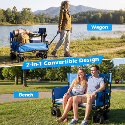 2-in-1 Wagon Bench Seat Combo, Collapsible Beach Cart, Blue