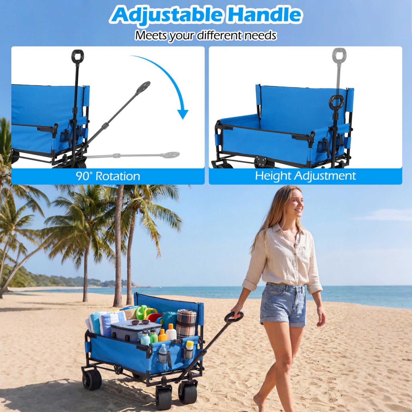 2-in-1 Wagon Bench Seat Combo, Collapsible Beach Cart, Blue