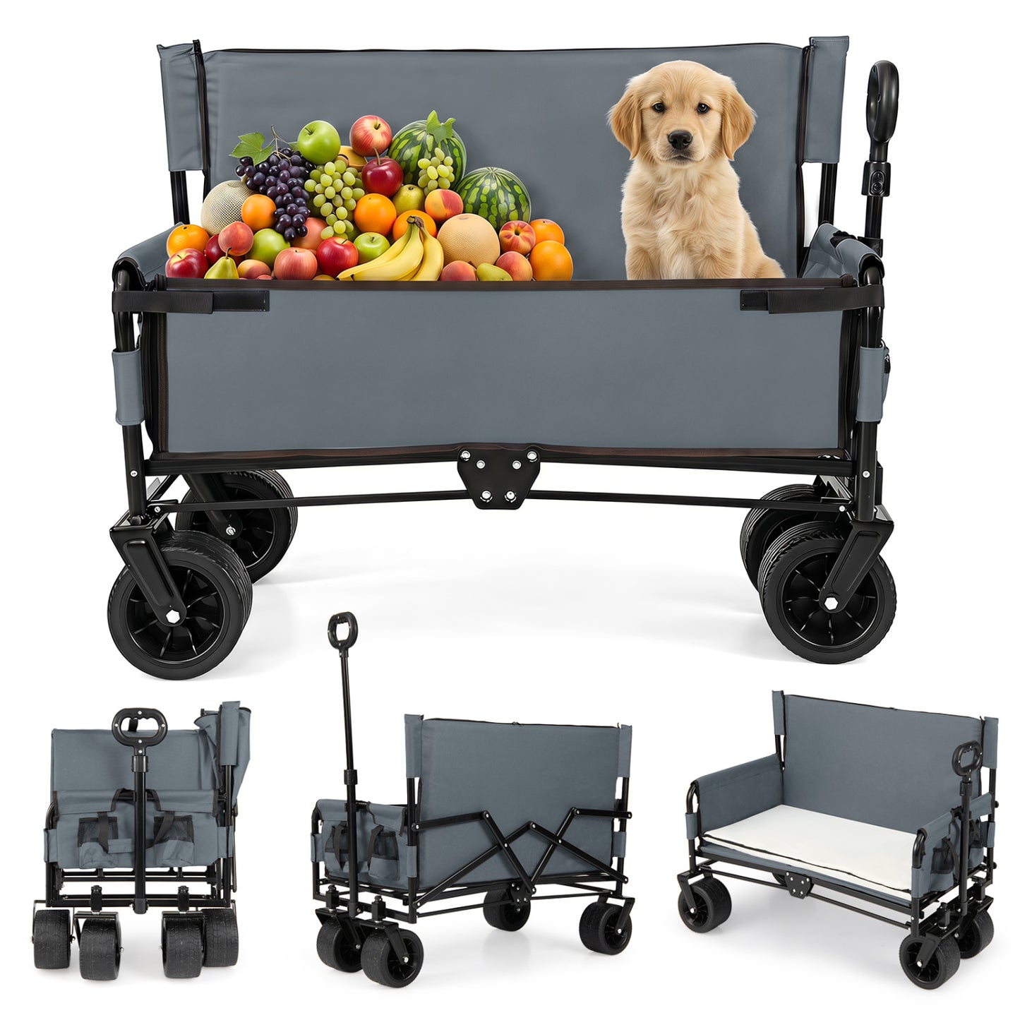 2-in-1 Wagon Bench Seat Combo, Collapsible Beach Cart, Gray Camping Furniture at Gallery Canada