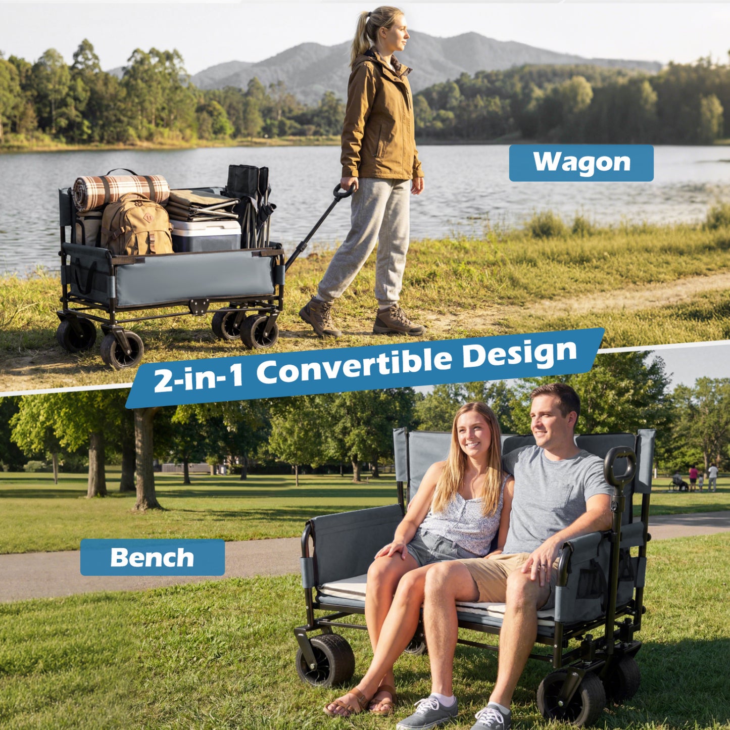 2-in-1 Wagon Bench Seat Combo, Collapsible Beach Cart, Gray Camping Furniture at Gallery Canada