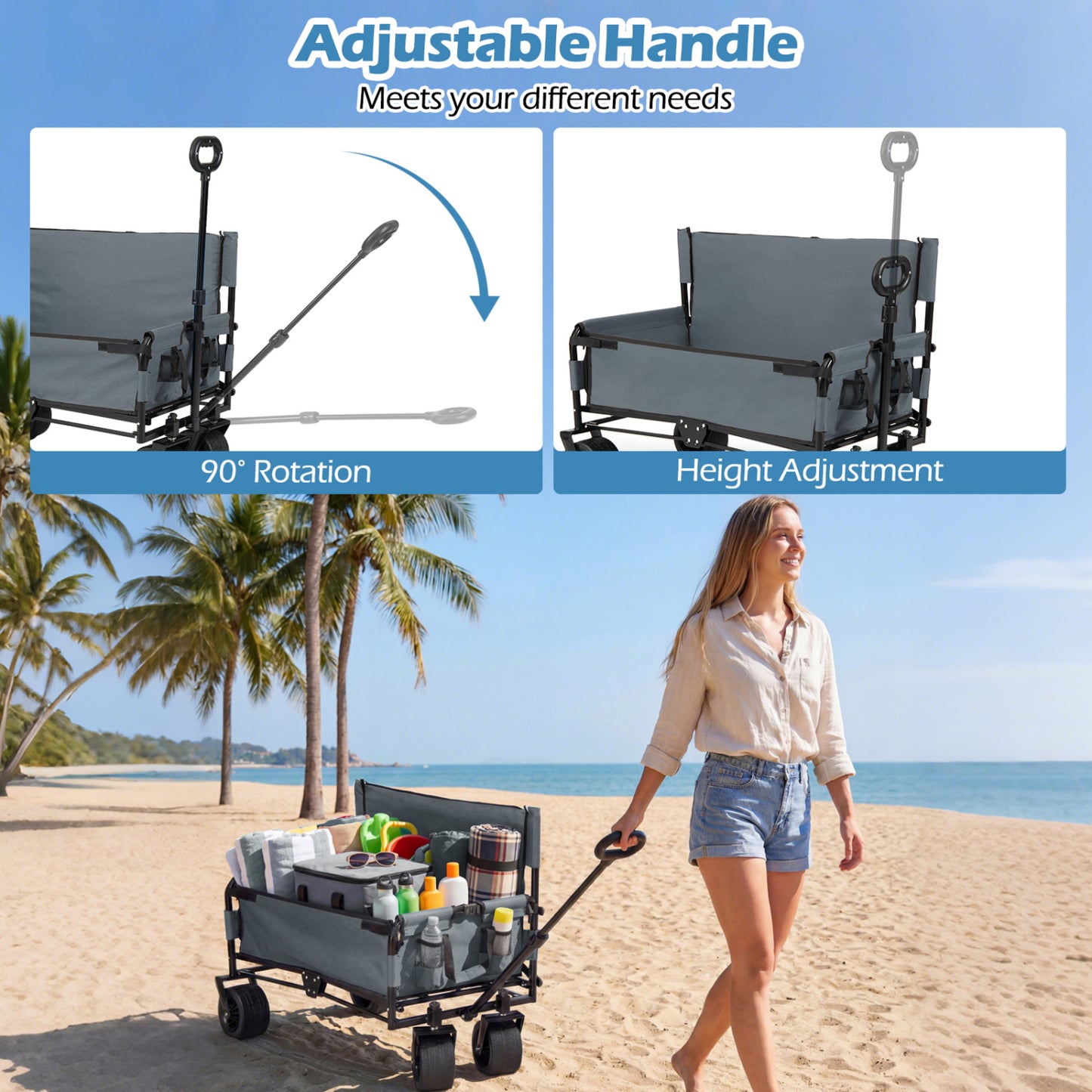 2-in-1 Wagon Bench Seat Combo, Collapsible Beach Cart, Gray Camping Furniture at Gallery Canada