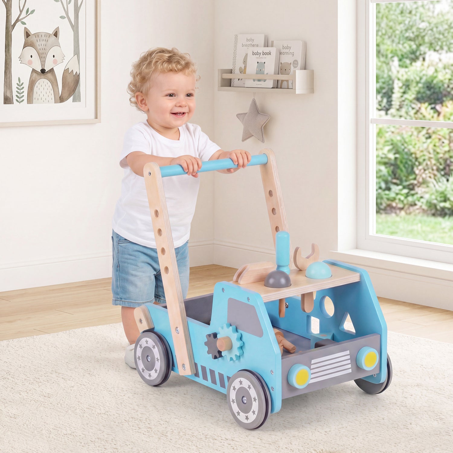 2-in-1 Wooden Baby Walker with Adjustable Speed and Bottom Storage, Blue Baby Activity at Gallery Canada
