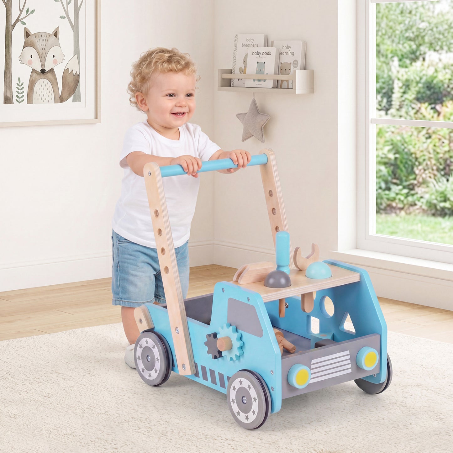 2-in-1 Wooden Baby Walker with Adjustable Speed and Bottom Storage, Blue Baby Activity at Gallery Canada