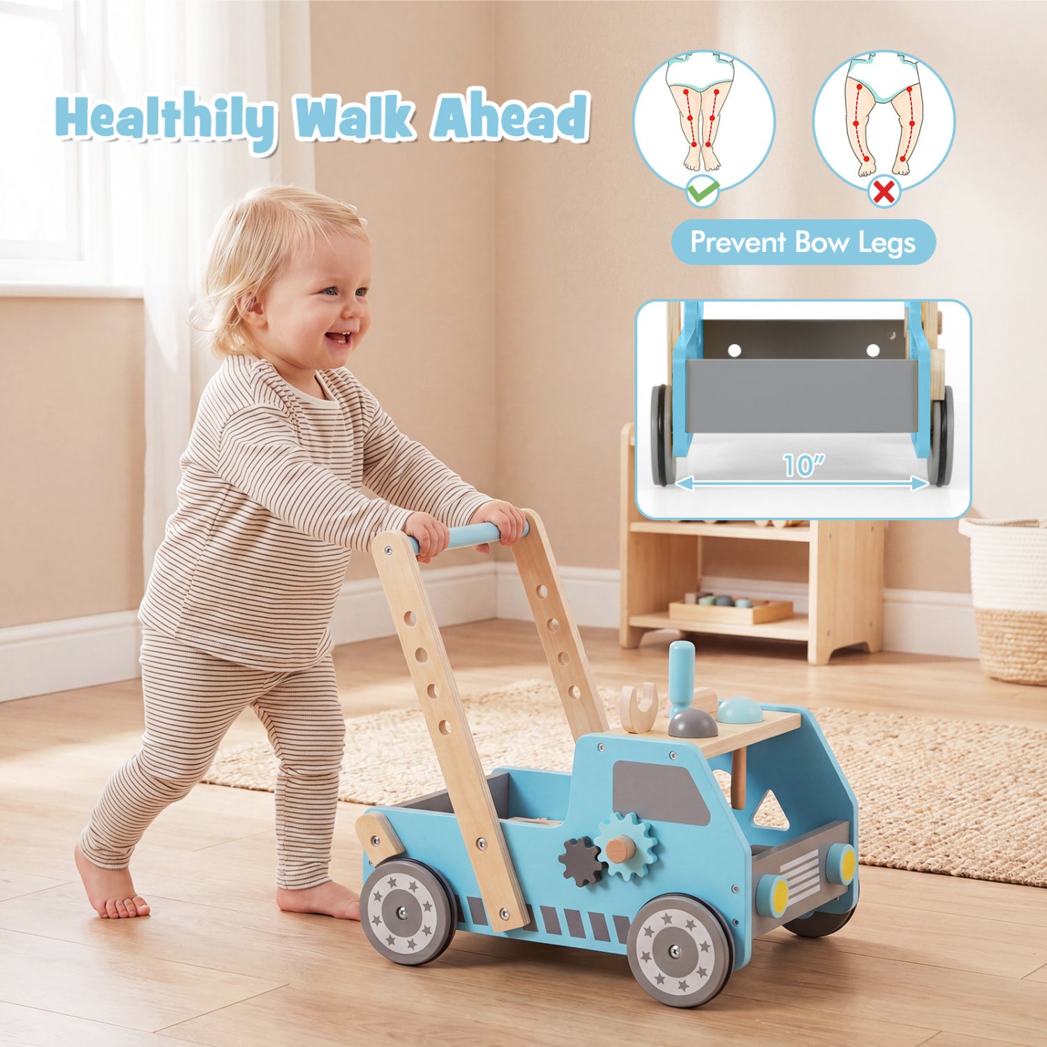 2-in-1 Wooden Baby Walker with Adjustable Speed and Bottom Storage, Blue Baby Activity at Gallery Canada