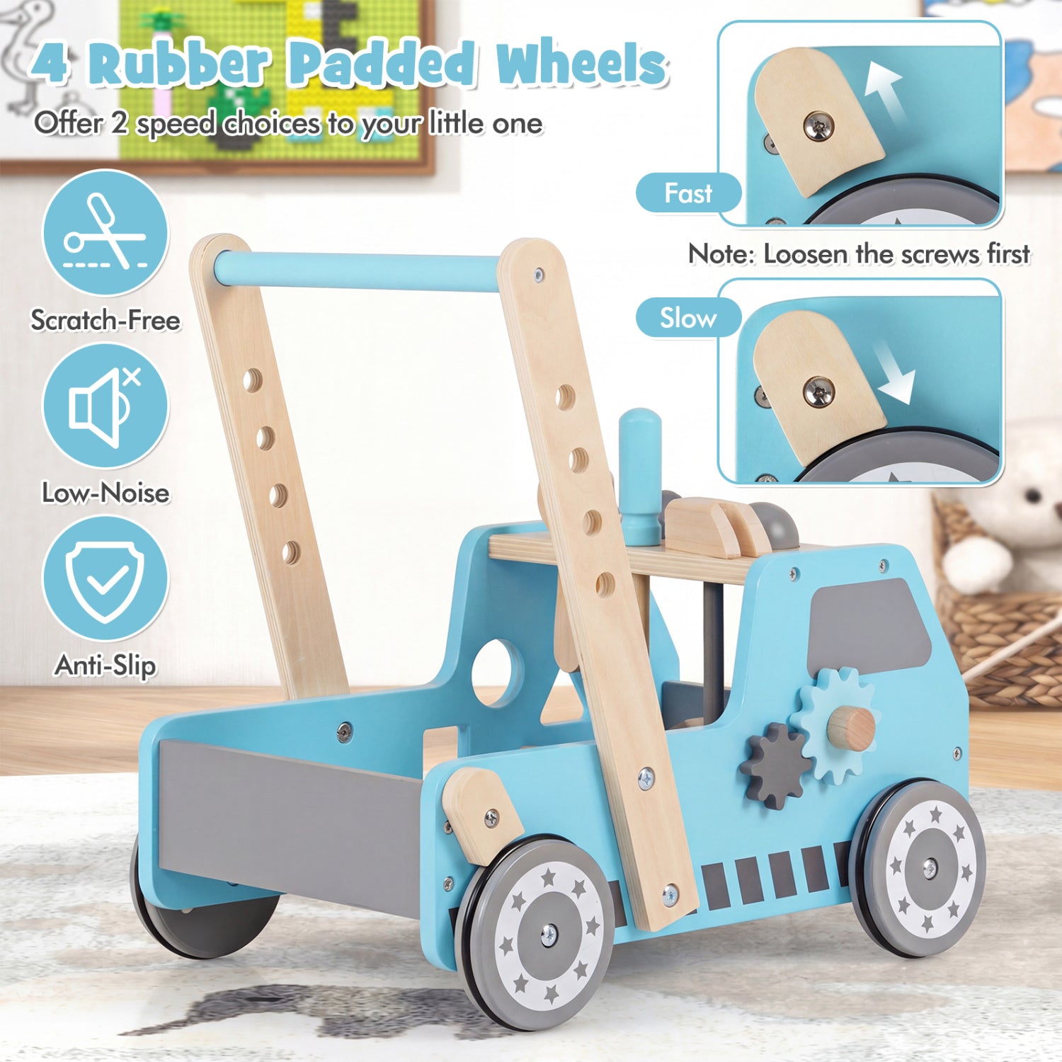 2-in-1 Wooden Baby Walker with Adjustable Speed and Bottom Storage, Blue Baby Activity at Gallery Canada