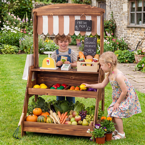2-in-1 Wooden Mud Kitchen & Market Stand for Kids, Brown
