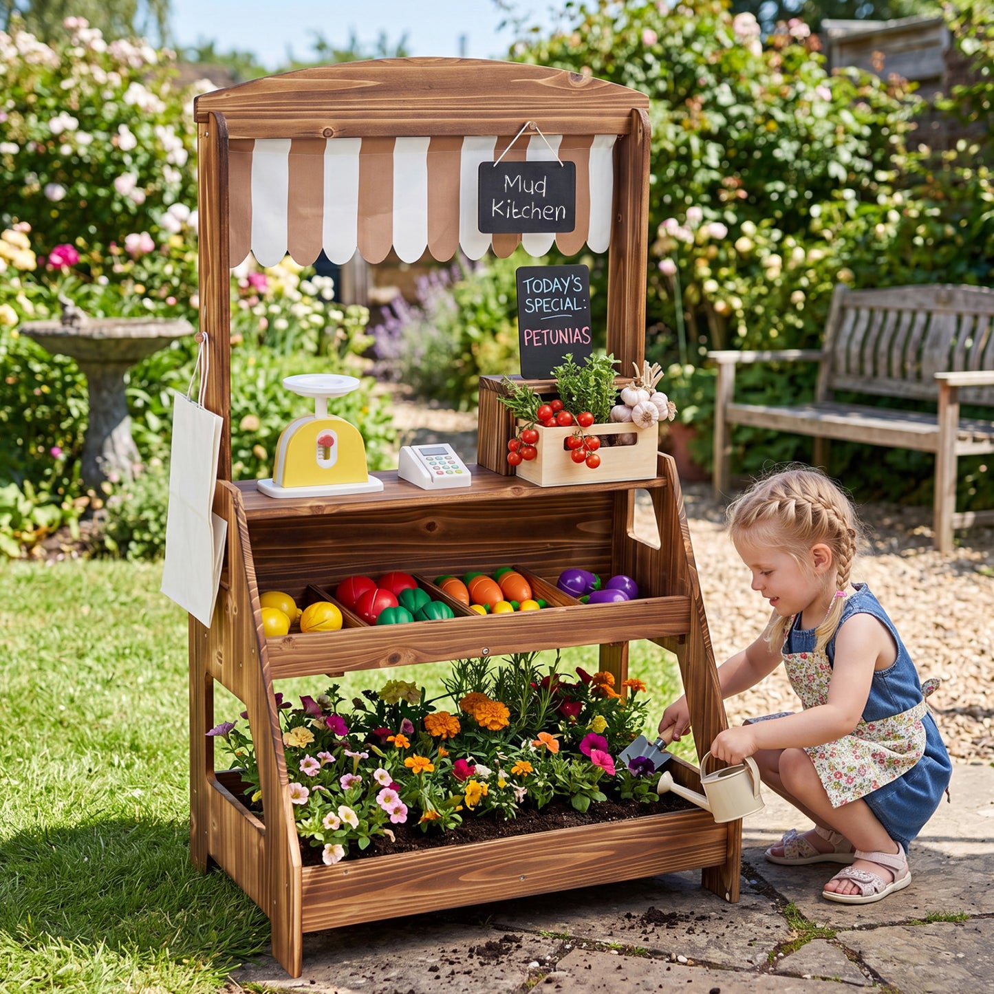 Cuisinière en boue en bois et stand de marché 2-en-1 pour enfants, marron