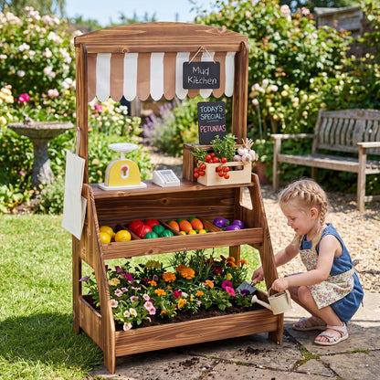 Cuisinière en boue en bois et stand de marché 2-en-1 pour enfants, marron
