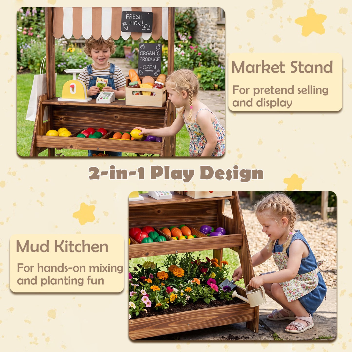 Cuisinière en boue en bois et stand de marché 2-en-1 pour enfants, marron
