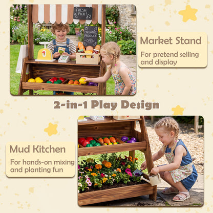 Cuisinière en boue en bois et stand de marché 2-en-1 pour enfants, marron
