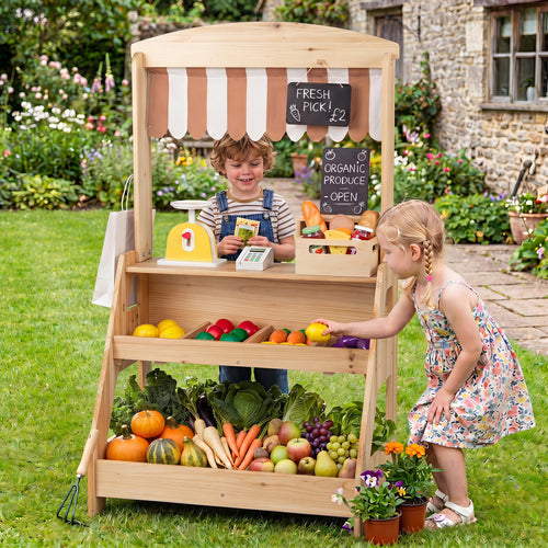 2-In-1 Wooden Mud Kitchen & Market Stand With Planter Box, Chalkboards, Natural