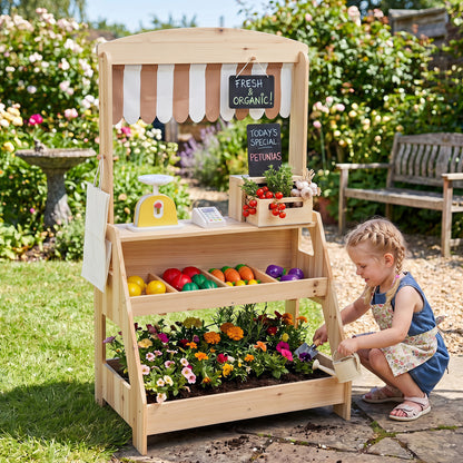 2-In-1 Wooden Mud Kitchen & Market Stand With Planter Box, Chalkboards, Natural