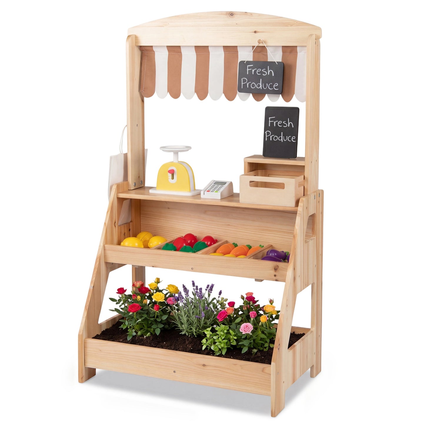 2-In-1 Wooden Mud Kitchen & Market Stand With Planter Box, Chalkboards, Natural