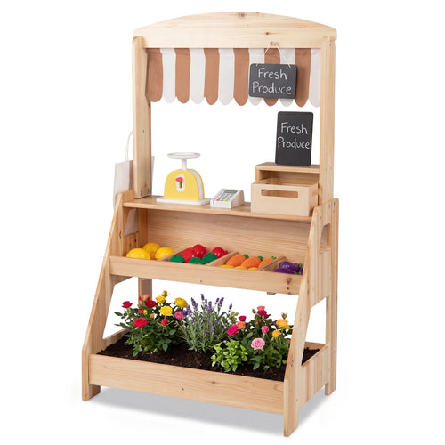 2-In-1 Wooden Mud Kitchen & Market Stand With Planter Box, Chalkboards, Natural