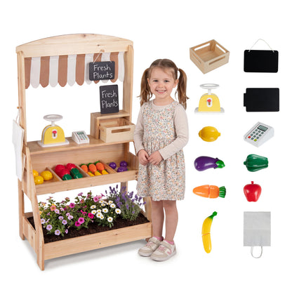 2-In-1 Wooden Mud Kitchen & Market Stand With Planter Box, Chalkboards, Natural
