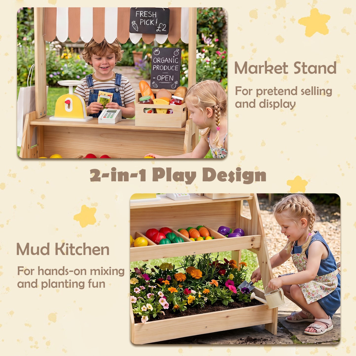 2-In-1 Wooden Mud Kitchen & Market Stand With Planter Box, Chalkboards, Natural
