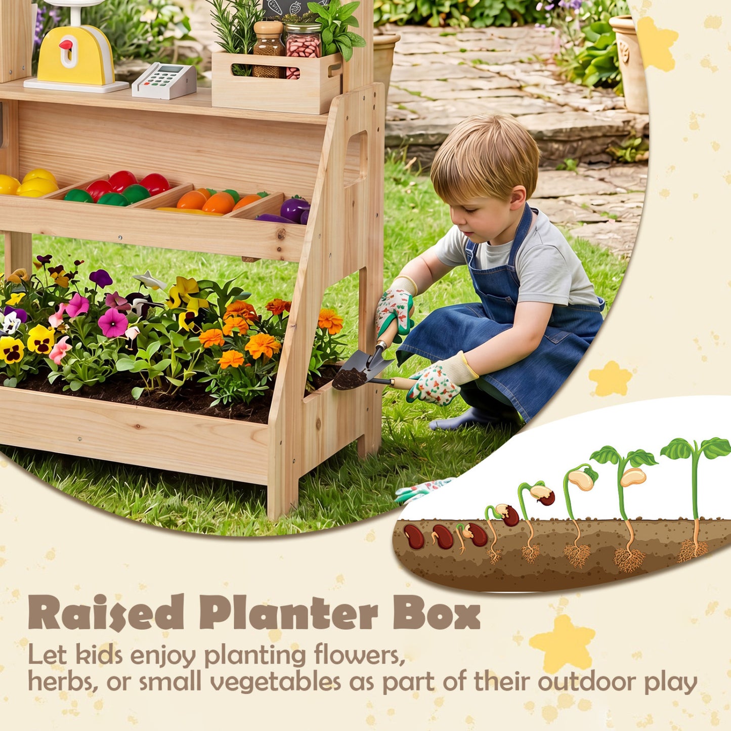 2-In-1 Wooden Mud Kitchen & Market Stand With Planter Box, Chalkboards, Natural