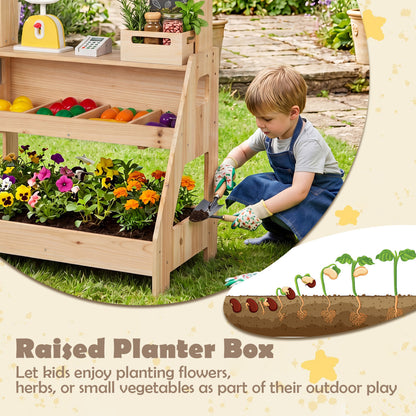 2-In-1 Wooden Mud Kitchen & Market Stand With Planter Box, Chalkboards, Natural