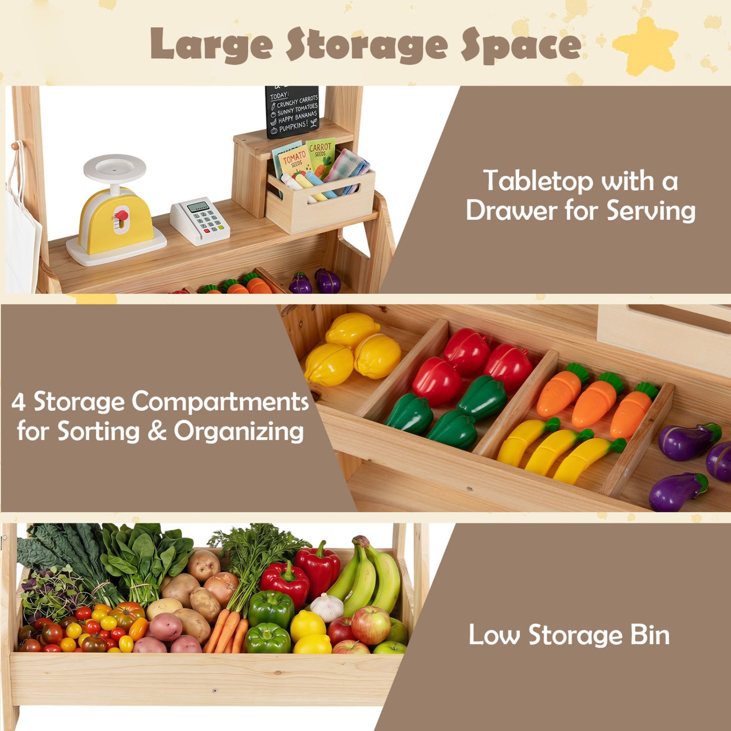 2-In-1 Wooden Mud Kitchen & Market Stand With Planter Box, Chalkboards, Natural