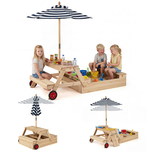 2-In-1 Wooden Sandbox With Umbrella Picnic Table, Blue