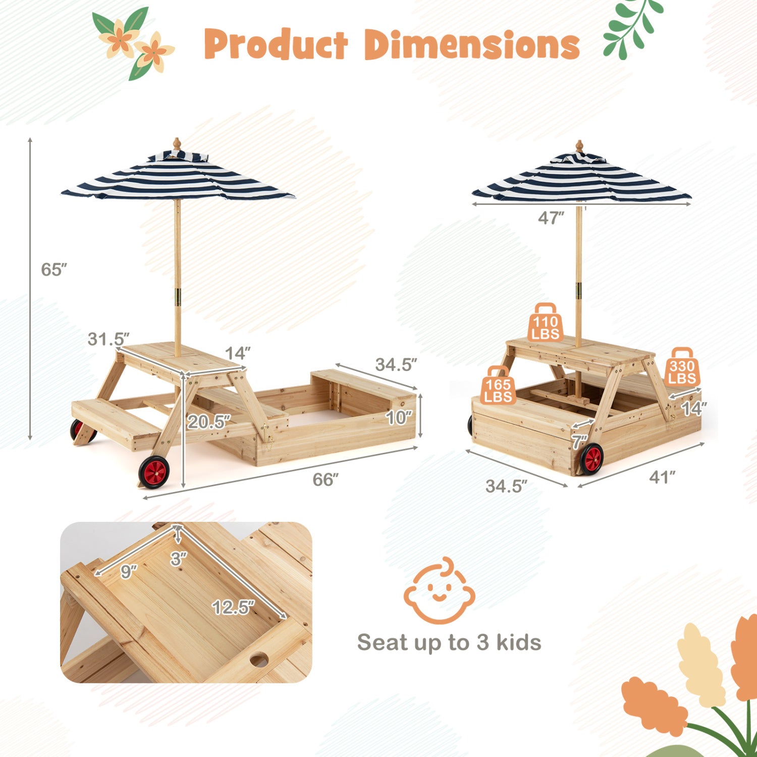 2-In-1 Wooden Sandbox With Umbrella Picnic Table, Blue Picnic Tables at Gallery Canada