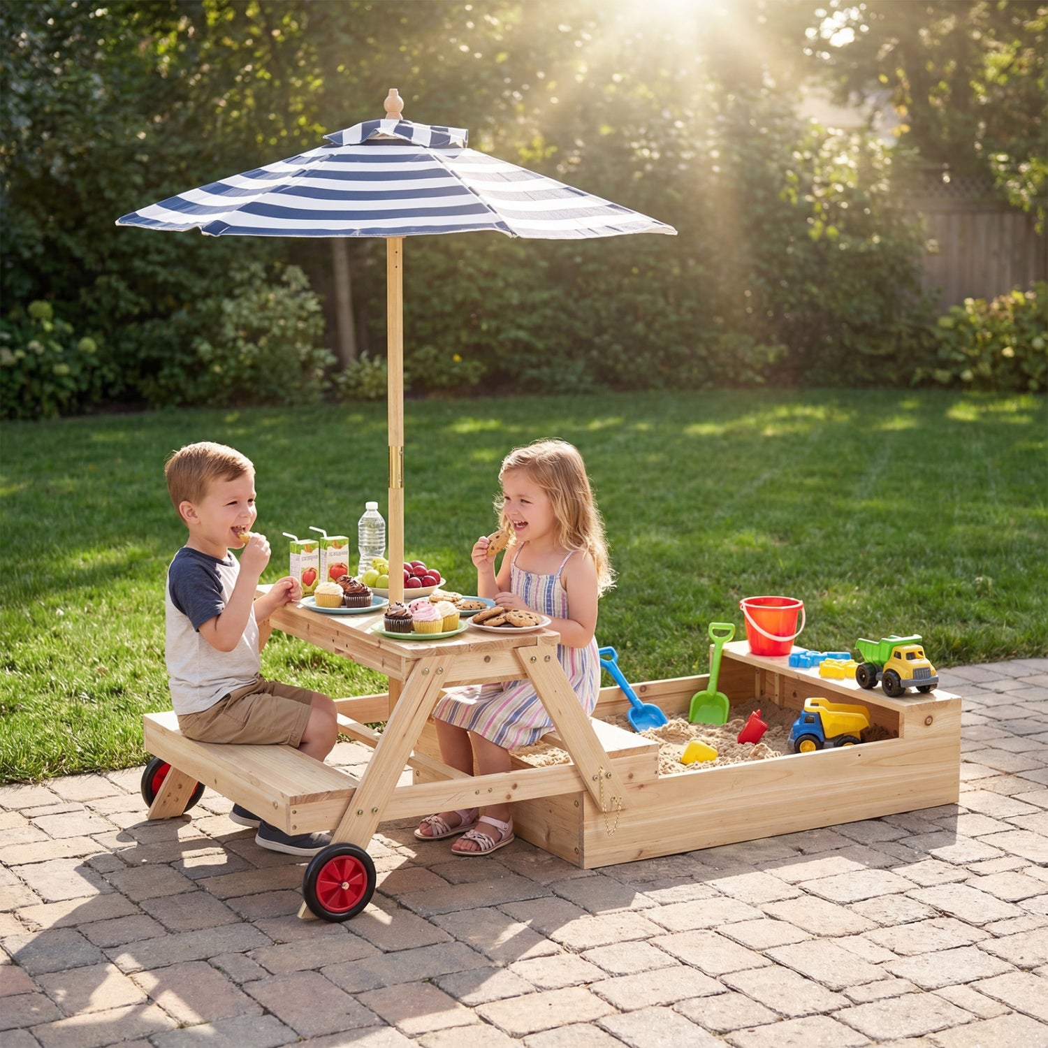 2-In-1 Wooden Sandbox With Umbrella Picnic Table, Blue Picnic Tables at Gallery Canada