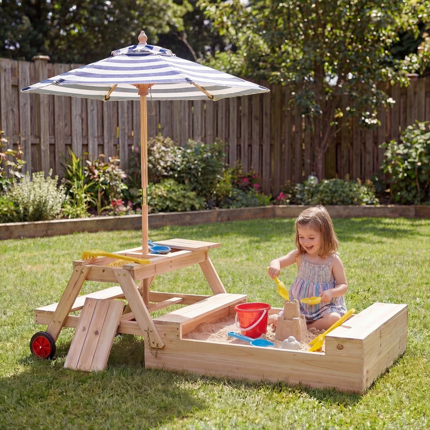 2-In-1 Wooden Sandbox With Umbrella Picnic Table, Blue Picnic Tables at Gallery Canada