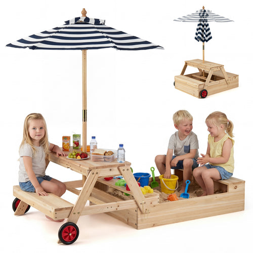 2-In-1 Wooden Sandbox With Umbrella Picnic Table, Blue