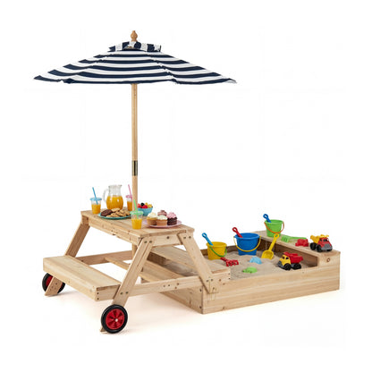 2-In-1 Wooden Sandbox With Umbrella Picnic Table, Blue Picnic Tables at Gallery Canada
