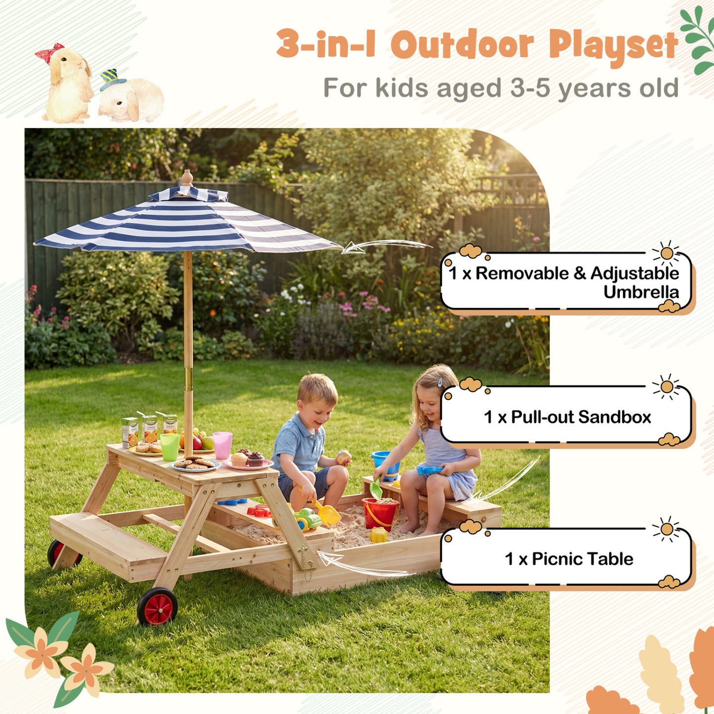 2-In-1 Wooden Sandbox With Umbrella Picnic Table, Blue Picnic Tables at Gallery Canada