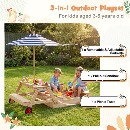 2-In-1 Wooden Sandbox With Umbrella Picnic Table, Blue Picnic Tables at Gallery Canada
