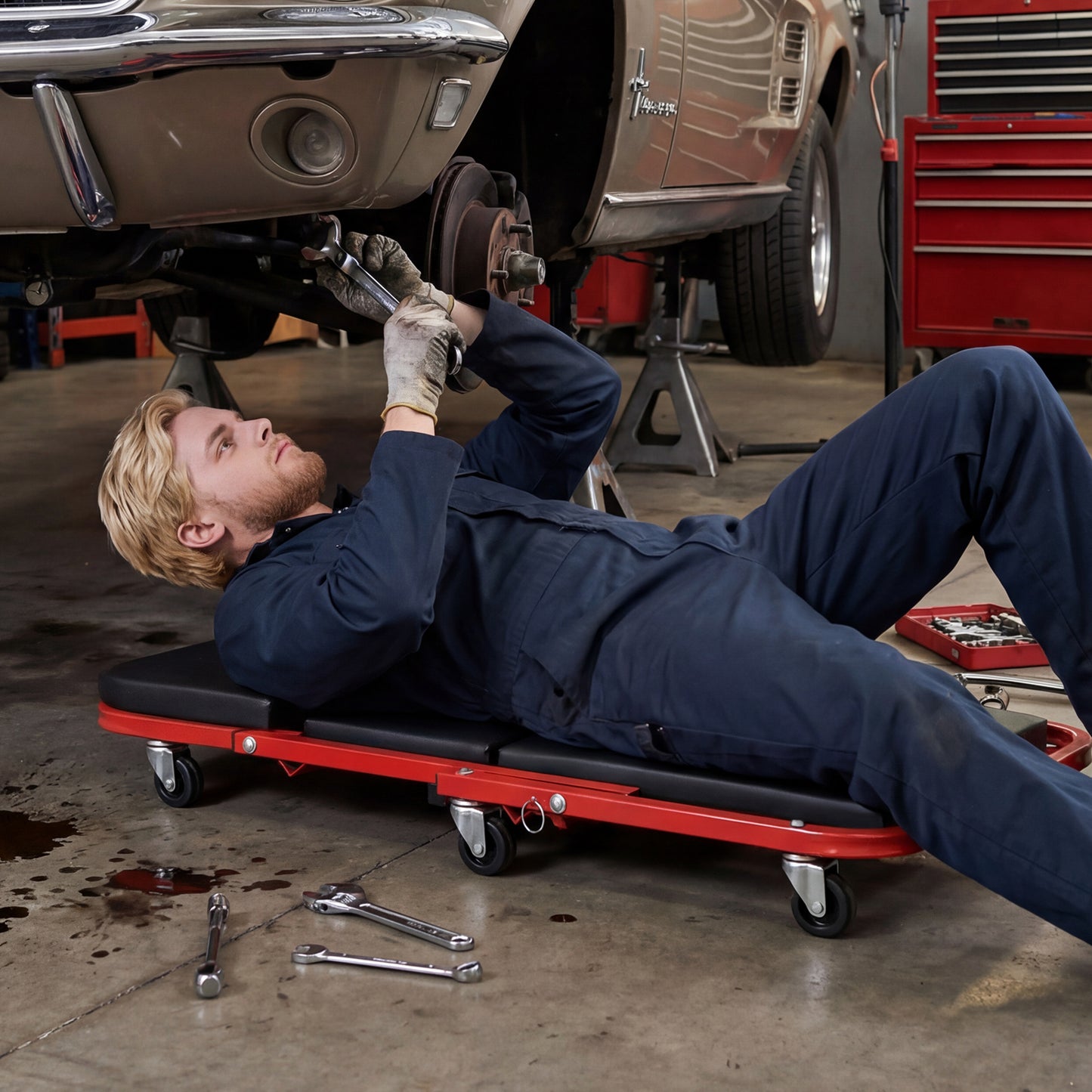 2-in-1 Z-Shaped Rolling Garage Stool, 36" Folding Automotive Creeper, Red Garages at Gallery Canada